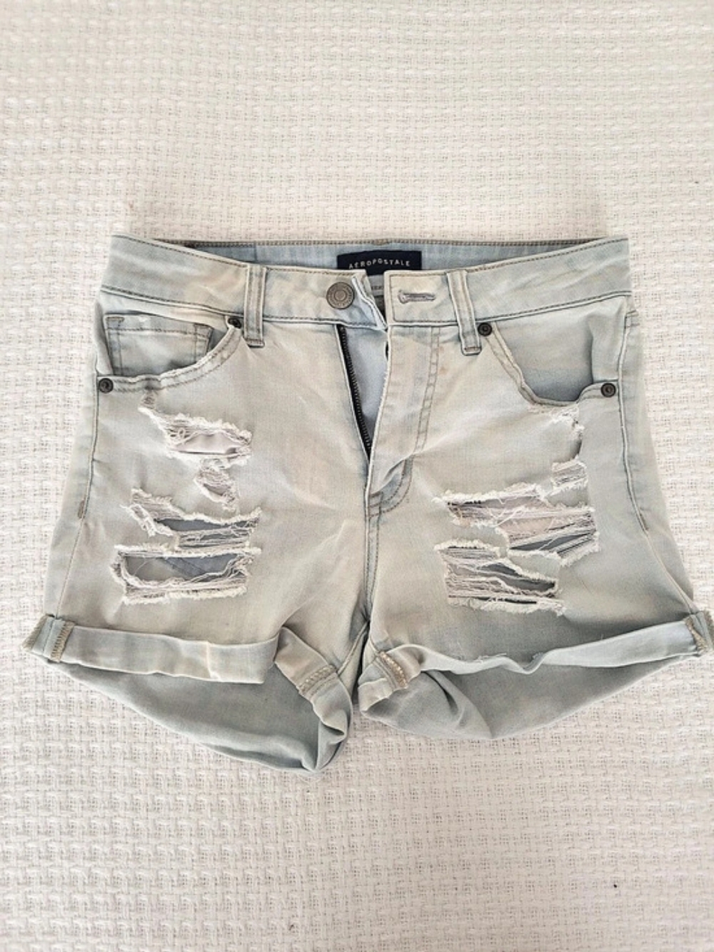 Aeropostale Women's High Waisted Midi Light Blue Distressed Denim Shorts Size 2